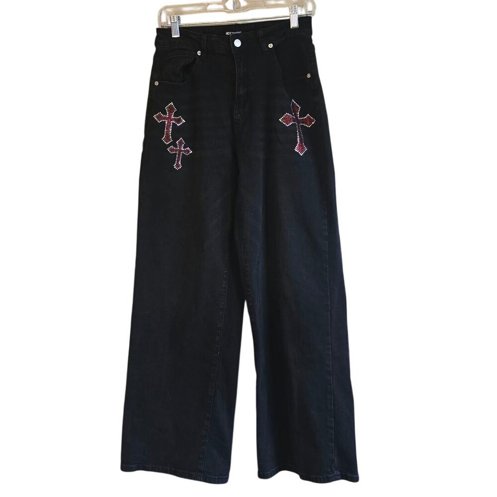 Hot Topic black red sequin cross embroidered wing wide leg jeans size 5